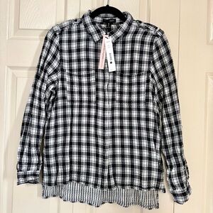 NWT AQUA Bloomingdales Black and White Plaid Button Down Shirt Blouse